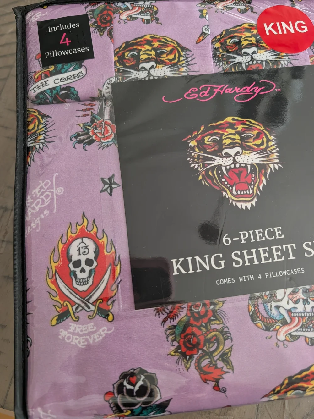 Ed Hardy Lavender Tattoo-Style King Sheet Set